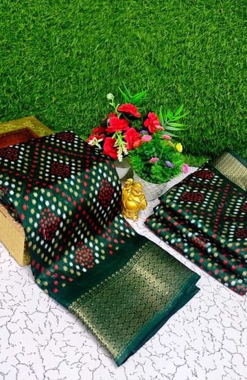 Fancy print office wear cotton sarees all over body Diamond Pattern Dots design premium look lightweight comfortable wear - DARK GREEN