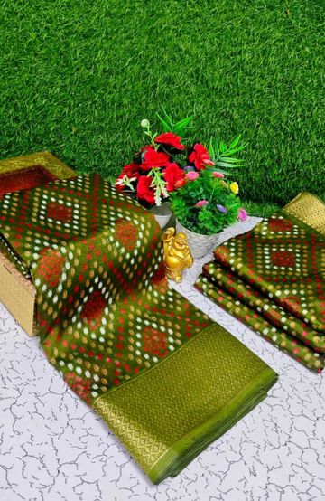 Fancy print office wear cotton sarees all over body Diamond Pattern Dots design premium look lightweight comfortable wear - OLIVE GREEN