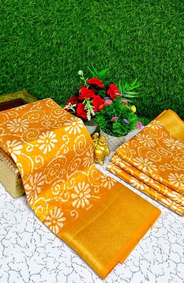 Fancy print office wear cotton sarees all over body kodi poo pattern design premium look lightweight comfortable wear - YELLOW COLOR