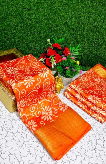 Fancy print office wear cotton sarees all over body kodi poo pattern design premium look lightweight comfortable wear - ORANGE