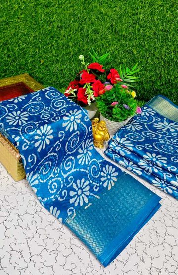 Fancy print office wear cotton sarees all over body kodi poo pattern design premium look lightweight comfortable wear - BLUE COLOUR