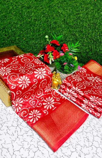 Fancy print office wear cotton sarees all over body kodi poo pattern design premium look lightweight comfortable wear - TOMATO COLOUR