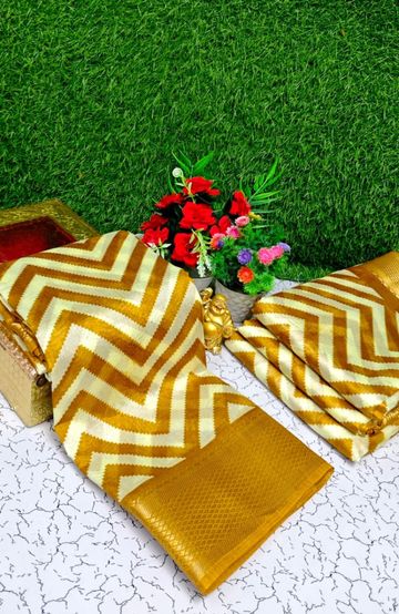 Fancy print office wear cotton sarees all over body zig zag pattern design premium look lightweight comfortable wear - GOLD