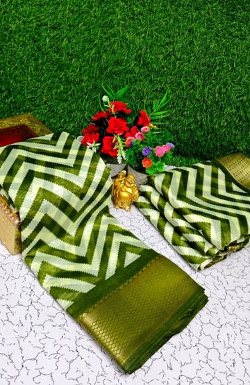 Fancy print office wear cotton sarees all over body zig zag  pattern design premium look lightweight comfortable wear - GREEN COLOUR