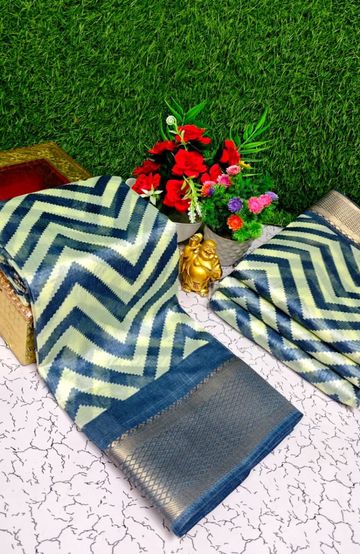 Fancy print office wear cotton sarees all over body zig zag  pattern design premium look lightweight comfortable wear - BLUE COLOUR (2)