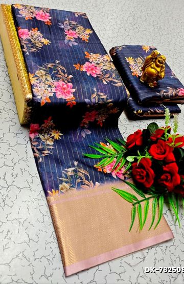 Digital printing dola silk cotton sarees - NAVY COLOUR