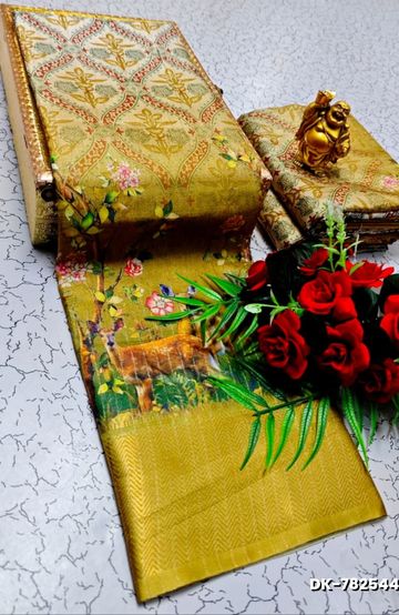 Digital printing dola silk cotton sarees - LIGHT YELLOW (2)