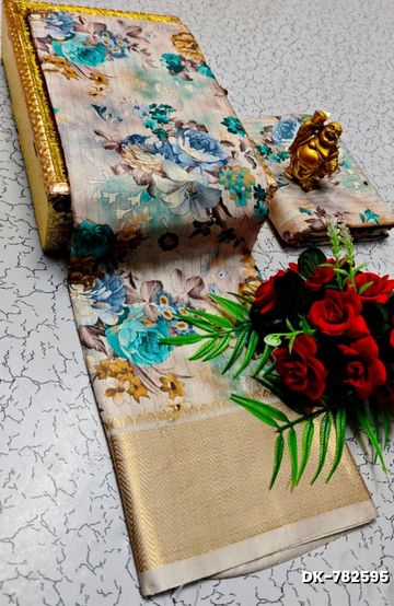 Digital printing dola silk cotton sarees - OFF WHITE