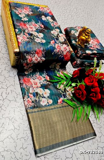 Digital printing dola silk cotton sarees - BLUE COLOUR (1)