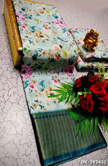 Elegant Floral Dola Silk Saree with Zari Border - LIGHT SKY BLUE