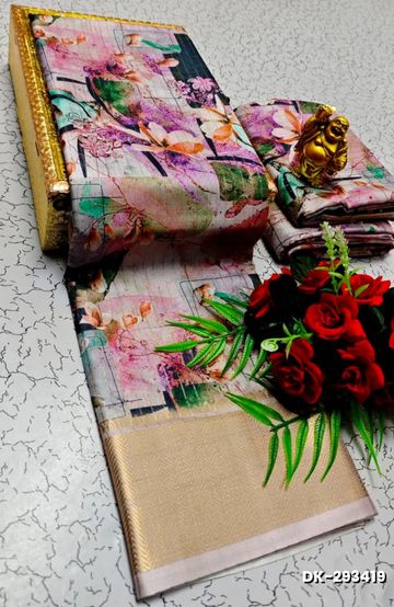 Elegant Floral Dola Silk Saree with Zari Border - LEVENDOR