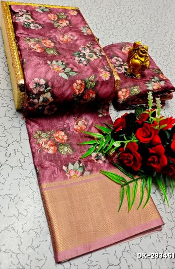 Elegant Floral Dola Silk Saree with Zari Border - ONIYAN PINK
