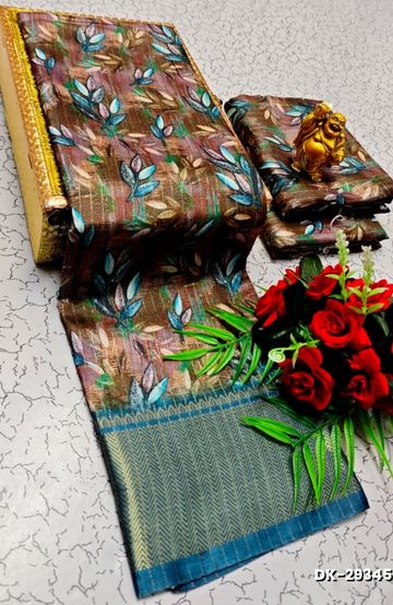 Elegant Floral Dola Silk Saree with Zari Border - BROWN (1)