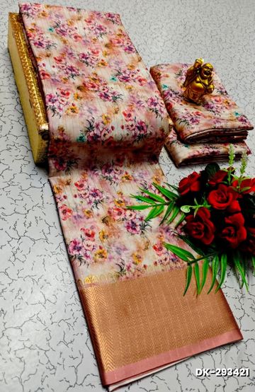 Elegant Floral Dola Silk Saree with Zari Border - BABY PINK (1)