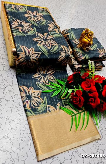 Elegant Floral Dola Silk Saree with Zari Border - PEACKOK BLUE (1)