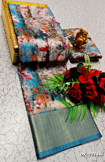 Elegant Floral Dola Silk Saree with Zari Border - MULTI COLOR