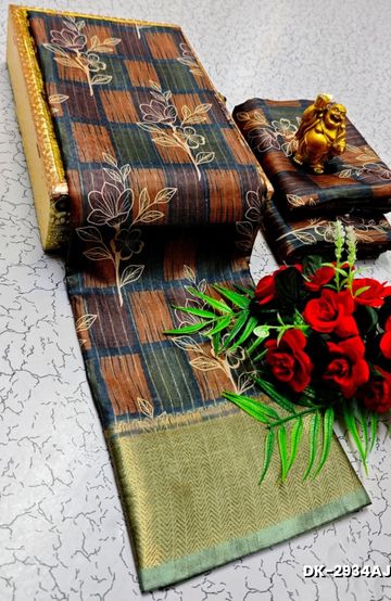 Elegant Floral Dola Silk Saree with Zari Border - DUAL COLOR