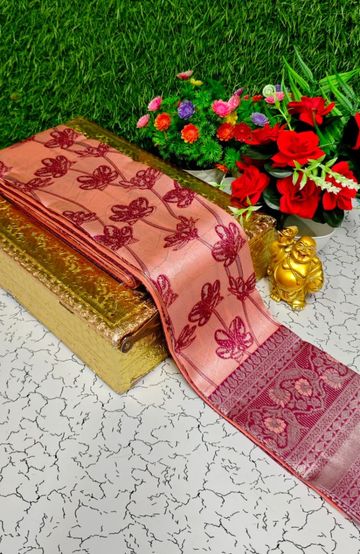 Premium kubera pattu saree rapier fancy  light weight silk type sarees function wear - CORAL COLOUR