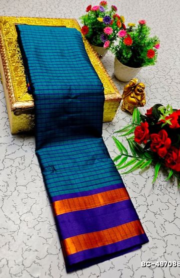 Beauty checked soft silk rich look design soft material function and party wear - PEACKOK BLUE