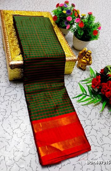 Beauty checked soft silk rich look design soft material function and party wear - GREEN