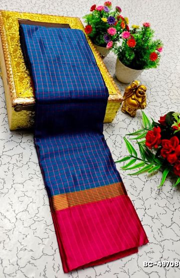 Beauty checked soft silk rich look design soft material function and party wear - BLUE COLOUR