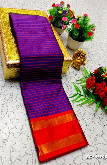 Beauty checked soft silk rich look design soft material function and party wear - BRINJAL COLOUR