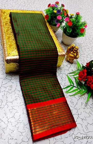 Beauty checked soft silk rich look design soft material function and party wear - DARK GREEN