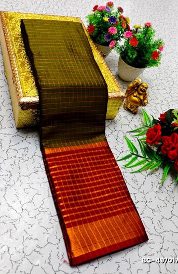 Beauty checked soft silk rich look design soft material function and party wear - OLIVE GREEN