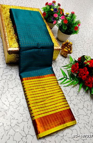 Beauty checked soft silk rich look design soft material function and party wear - LIGHT BLUE