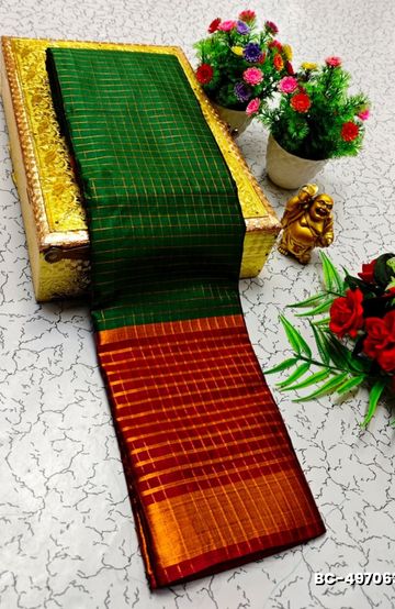 Beauty checked soft silk rich look design soft material function and party wear - GREEN COLOUR