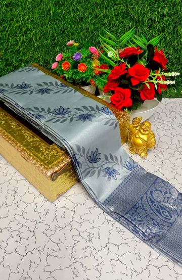 BRIDAL SILK GOLD SILVAR AND COPPER ZARI WEAVE AND WEDDING ART SILK SAREES - BLUE COLOUR (3)
