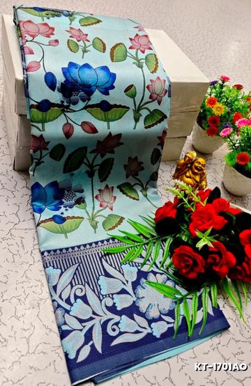 Elegant Kalamkari Tissue Saree for Festivities & Weddings - ICE BLUE (1)