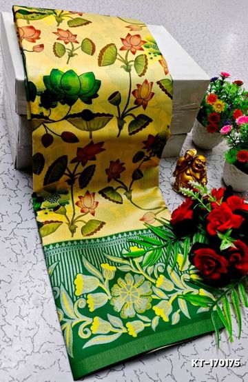 Elegant Kalamkari Tissue Saree for Festivities & Weddings - LEMON COLOUR