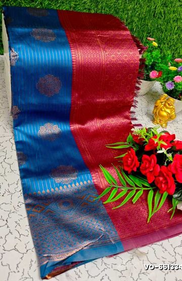 Soft Net Saree with Shimmering Weave and Designer Digital Print Blouse - MEHENDHI GREEN