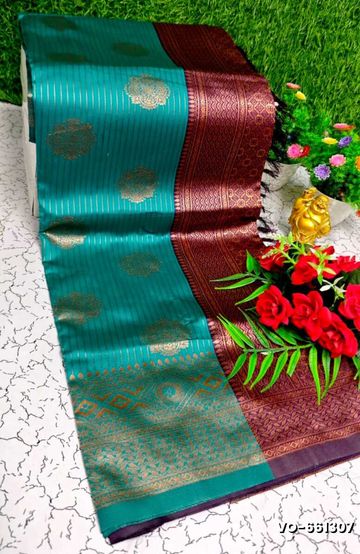 Beauty checked soft silk rich look design soft material function and party wear - BLUE SHADE