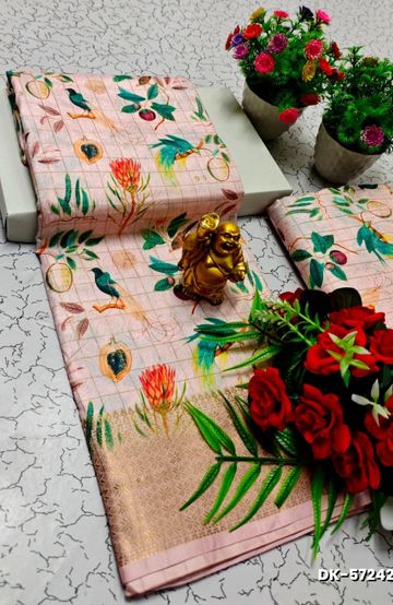 Elegant Floral Dola Silk Saree with Zari Border - BABY PINK (2)