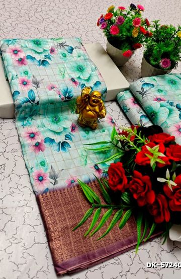 Elegant Floral Dola Silk Saree with Zari Border - TEAL COLOUR (1)