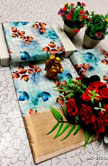 Elegant Floral Dola Silk Saree with Zari Border - ICE BLUE