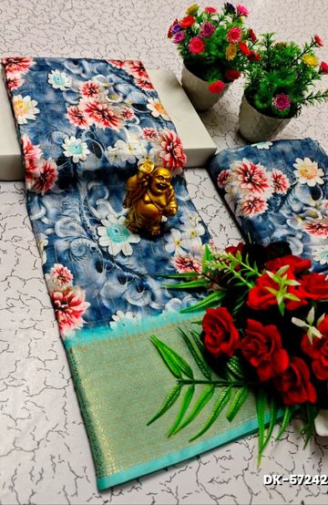 Elegant Floral Dola Silk Saree with Zari Border - BULE
