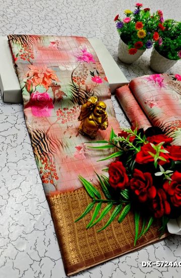 Elegant Floral Dola Silk Saree with Zari Border - LITE PEACH