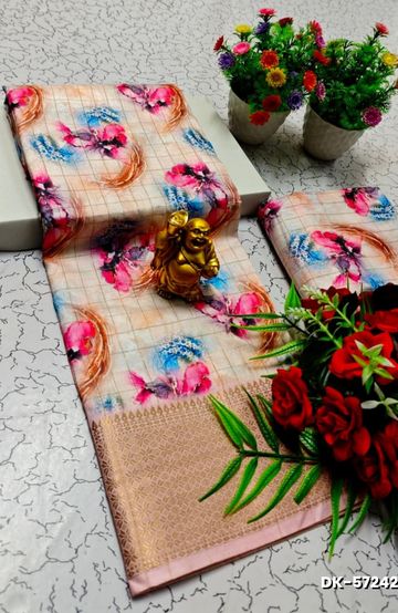 Elegant Floral Dola Silk Saree with Zari Border - LIGHT SANDLE