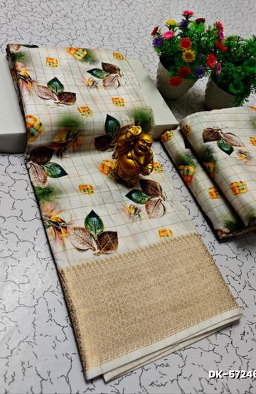 Elegant Floral Dola Silk Saree with Zari Border - BEIGE COLOUR (2)