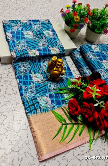 Elegant Floral Dola Silk Saree with Zari Border - LIGHT BLUE