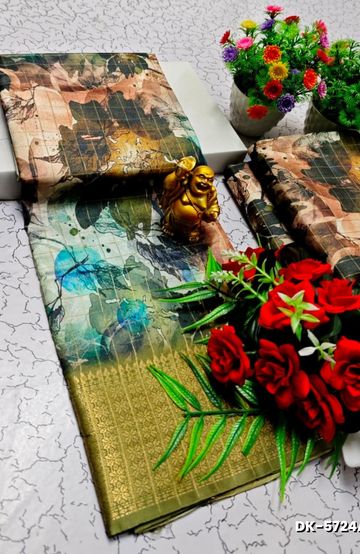 Elegant Floral Dola Silk Saree with Zari Border - LEMON GREEN