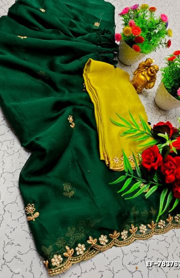 Soft Net Saree with Shimmering Weave and Designer Digital Print Blouse - MEHENDHI GREEN