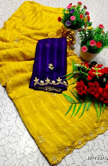 Luxurious heavy work blouse fabric with floral goldwork jaal border - INDIGO COLOUR (1)