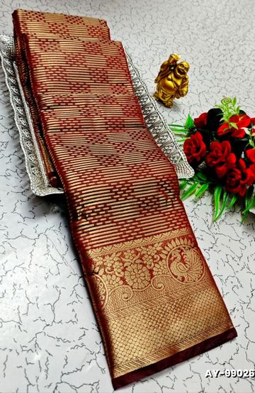 KANCHIPURAM TISSUE TRENDING DESIGN FANCY DHARMAVARAM SILK SAREES - PURPLE - PEACOCK BLUE