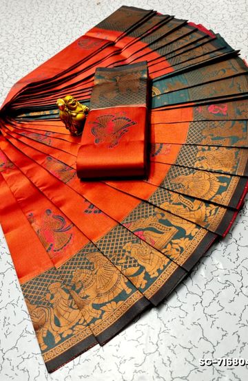 BANARASI POCHAMPALLY ALL OVER BODY SILVAR ZARI BUTTA DESIGN   FUNCTION WEAR SOFT SILK SAREES - ORANGE N