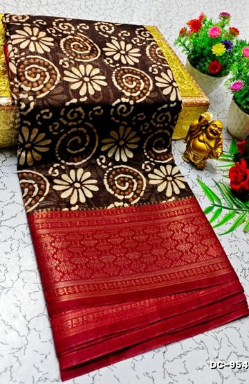 Dailywear cotton sarees all over body flower designpattern design premium look lightweight comfortable wear - COFEE BROWN