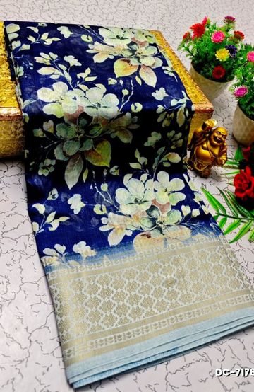 Dailywear cotton sarees all over body flower designpattern design premium look lightweight comfortable wear - NAVY COLOUR (1)
